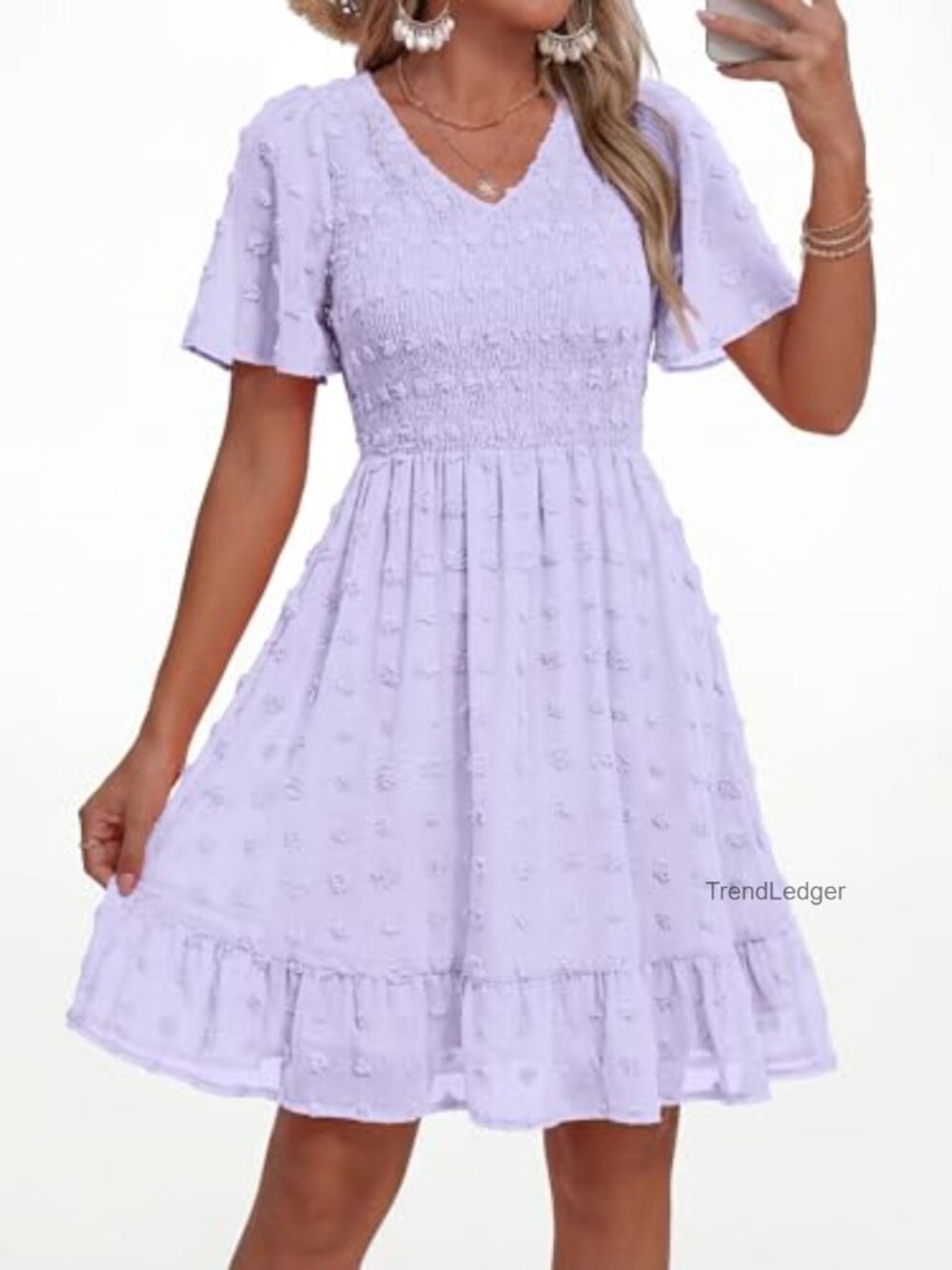 V Neck Short Sleeve Smocked Swiss Dot Ruffle Casual Mini Dress - Picture 2 of 7